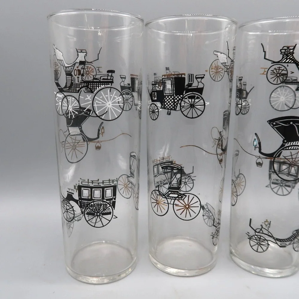5 Vintage Libbey Black‎ Gold Carriage Drinking Glasses Highball Bar Tom Collins